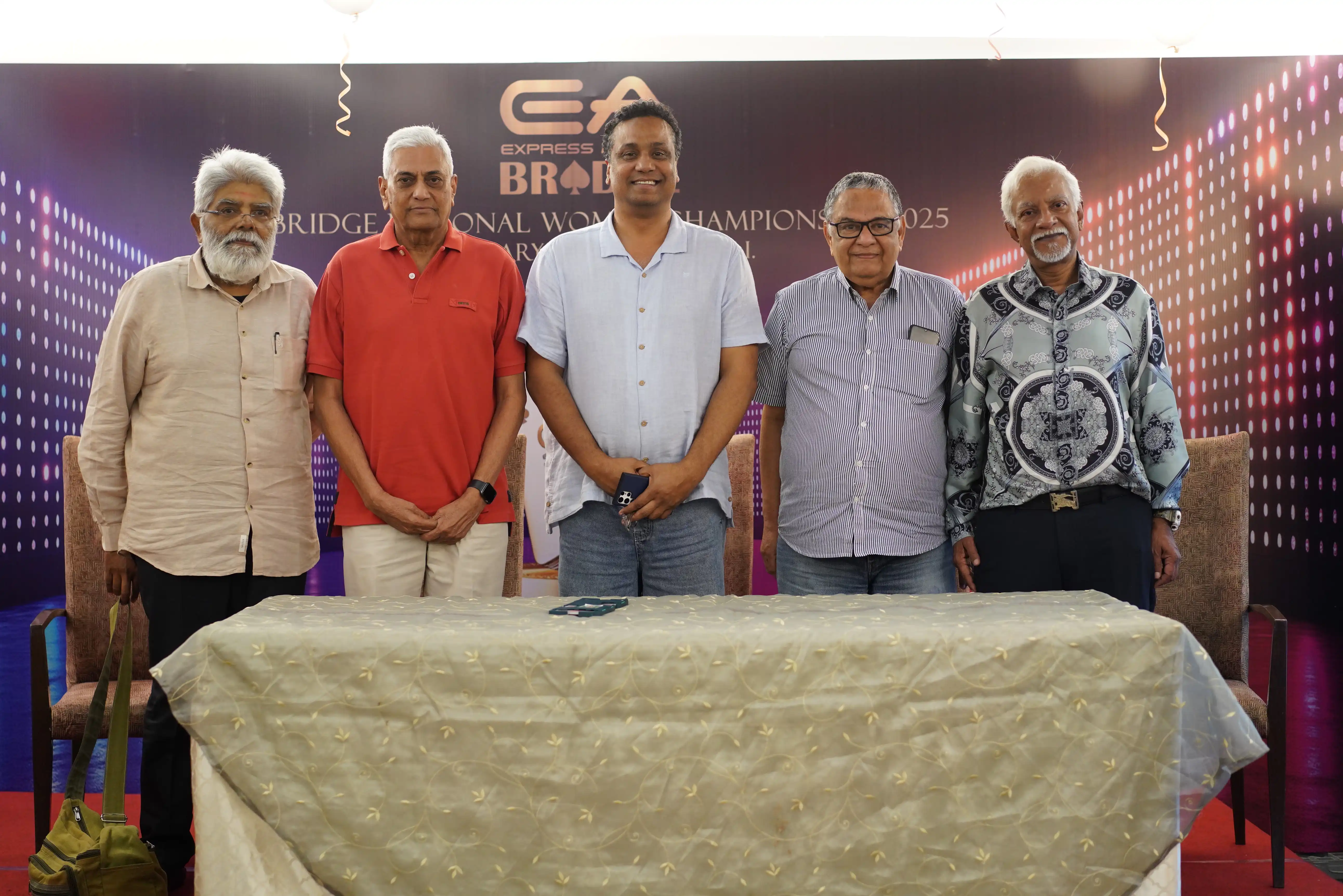 L to R: N R Kribakar Moorthy - World Bridge Federation Committee Member, A Sridhar – President, Tamil Nadu Bridge Association, Prasad Keni – President Bridge Federation of India, Narayan Iyer – EA Bridge Event Organiser & Bridge Coach, Sunil Verghese – VP, TNBA.  