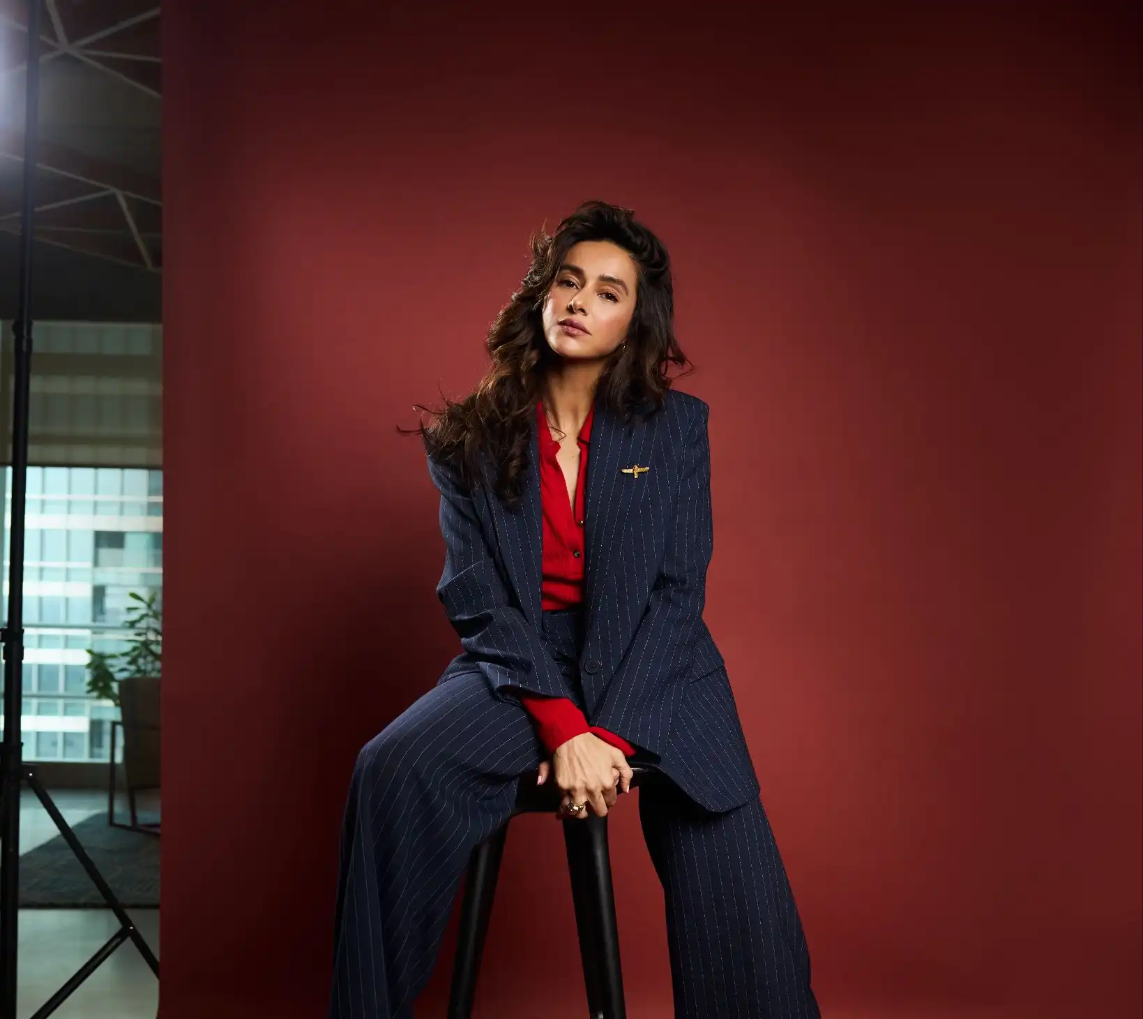 A pinstripe moment with Shibani Dandekar