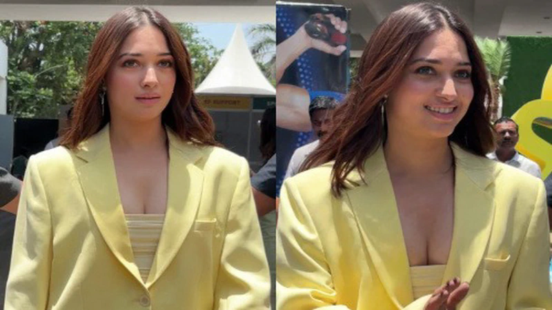 Tamannaah Bhatia Spotted in Yellow Tube Dress and Blazer Combo by Deme